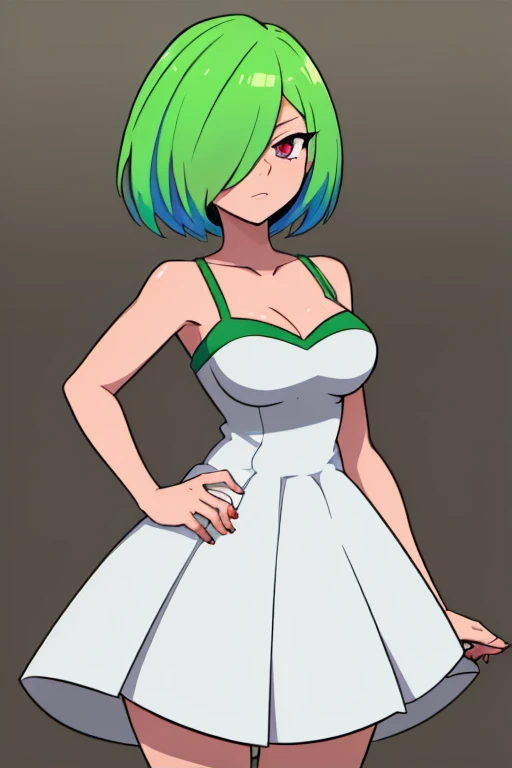 best_quality, 1girl, solo, bangs, colored skin, female focus, green hair, hair over one eye, multicolored skin, red eyes, short hair, white skin, white and green dress