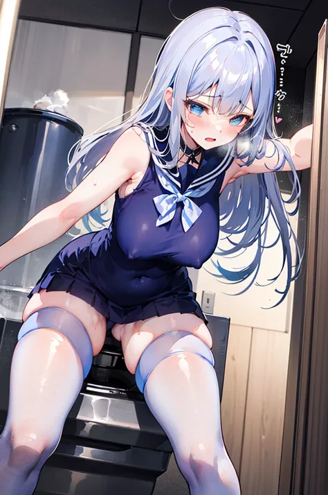 Perfect human body，1 girl， (very highly detailed background，School toilets), 鎖骨，Sleeveless sailor suit，Bow knot，semi transparent，(white stockings)，((woman with fever)), ((perspiring,steamy,college aged))), Colossal tits，((The expression of color)), (Blushl...