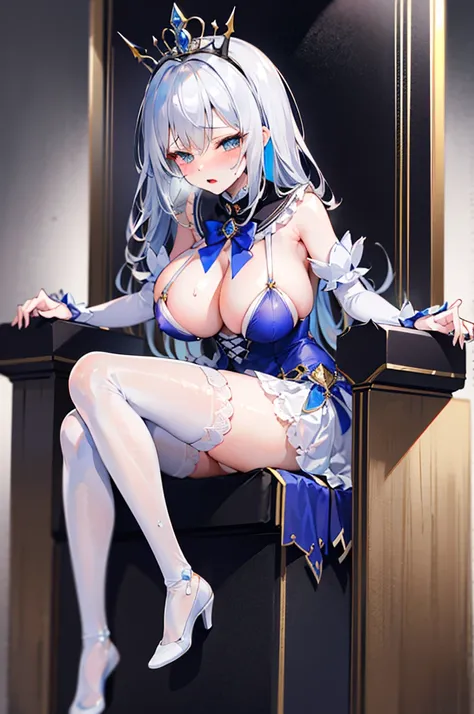 Perfect human body，1 girl， A princess，(very highly detailed background、a throne), Gorgeous lolita dresow knot，semi transparent，(white stockings)，((woman with fever)), ((perspiring,steamy,college aged))), Colossal tits，((The expression of color)), (Blushlus...