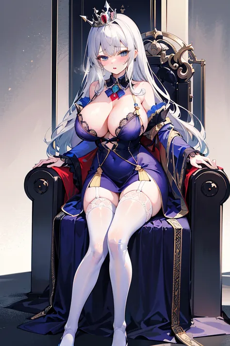 Perfect human body，1 girl， A princess，control doll，(very highly detailed background、a throne), Gorgeous lolita dresow knot，semi transparent，(white stockings)，((woman with fever)), ((perspiring,steamy,college aged))), Colossal tits，((The expression of color...