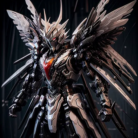 Black color mecha，White eyelue wings，Hold a sword in hand