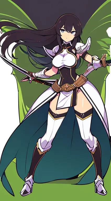 (((Best Quality))) , ((full body)), female, reference sheet, solo, (white background), holding sword, gauntlets, waist armor, thigh high, side slit microskirt,