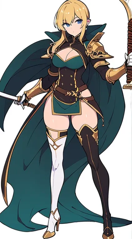 (((Best Quality))) , ((full body)), female, reference sheet, solo, (white background), holding sword, gauntlets, waist armor, thigh high, side slit microskirt,