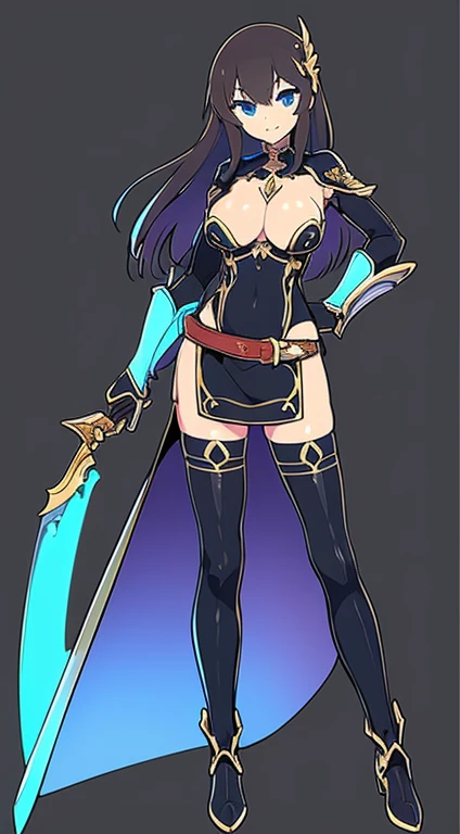 (((Best Quality))) , ((full body)), female, reference sheet, solo, ((white background)), holding sword, gauntlets, waist armor, thigh high, side slit microskirt,