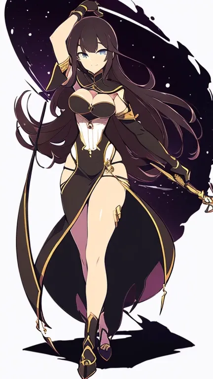 (((Best Quality))) , ((full body)), female, character design, solo, (white background), holding staff, gloves, slit trench skirt, bareback, standing,