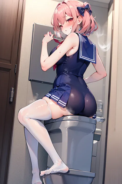 Perfect human body，1 girl，cabellos largos dorados， (very highly detailed background，toilet stall，toilet bowl), 鎖骨，Sleeveless sailor suit，Bow knot，semi transparent，(White stockings)，((woman with fever)), ((perspired,Steaming,college aged))), Colossal titpre...