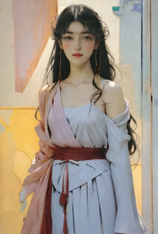 arafed woman with long hair standing in front of a yellow wall, masami kurumada, by Yamagata Hiro, porcelain pale skin, pale porcelain white skin, porcelain skin. studio ghibli, kim hyun joo, makoto kobayashi, by Kentaro Miura, naoya tanaka, jingna zhang, ...