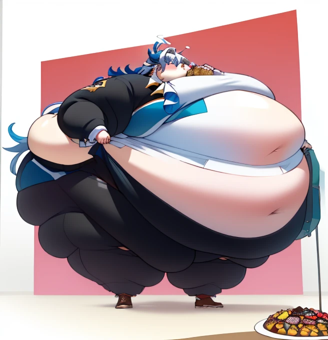 masterpiece, ((best quality)), 1boy, neuvillette, long hair, blue hair, suit ,ascot, Beautiful face and Eyes:1.4,  background: Candyland,(high_aesthetic), ((WeightImmobile:1.6)), ((Wide Hips:1.3)), ((Large  Round Belly:1.4)), Thick thighs, ((Large Asat Blo...