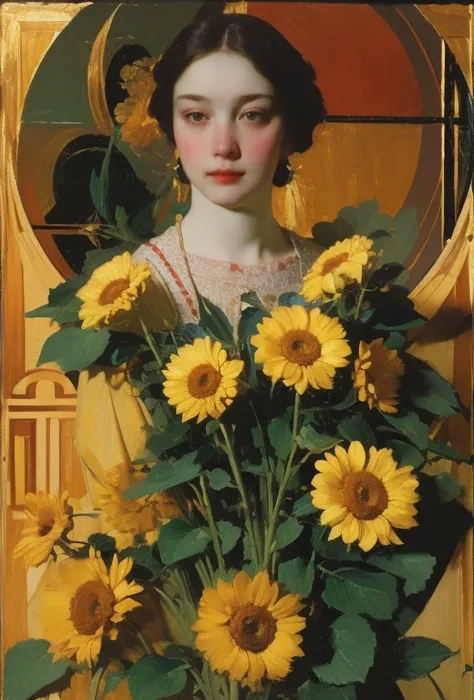 chiaroscuro technique on illustration of an elegant Stylized poster, Russian beauty, in sunflowers, (artist Andrey-Remnev), ((Best Quality, tmasterpiece)), Extreme detailing, 8K