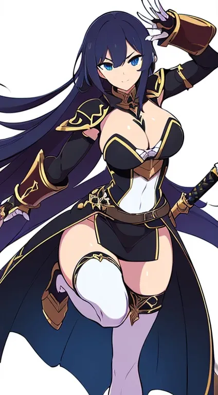 (((Best Quality))) , ((full body)), female, character design, solo, ((white background)), holding sword, gauntlets, waist armor, thigh high, side slit microskirt,