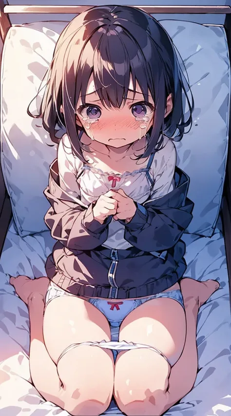 masutepiece, Best Quality,Illustration, Wallpaper, Ultra Detail, Little Face Girl、((fear:1.5))、(Teary-eyed:1.5)、(((Cute underwear)))、she makes me lie down and spread my legs.