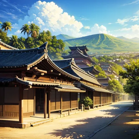 A massive ancient Japanese town with palm trees in the middle of a desert