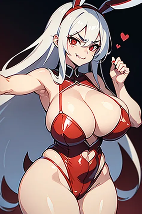 masterpiece, best quality, finely detailed, high resolution, 1girl, white long hair, white hair, heart on cheek, red eyes, showing butt, fskinny waist, big hips, disgusted face, gross face, sexy, red, (huge breasts), narrow waist, (huge thighs), bunny ears...