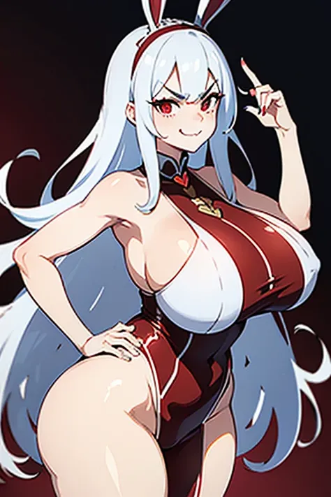 masterpiece, best quality, finely detailed, high resolution, 1girl, white long hair, white hair, heart on cheek, red eyes, showing butt, fskinny waist, big hips, disgusted face, gross face, sexy, red, (huge breasts), narrow waist, (huge thighs), bunny ears...