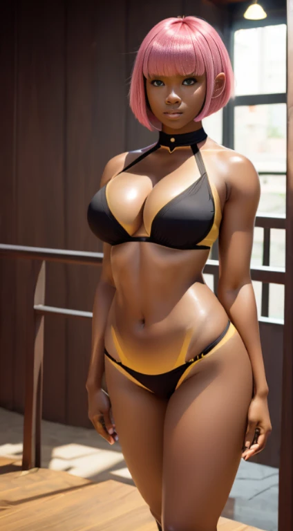 sexy pose, pink hair, (short bangs hair:1.36), detailed yellow eyes, narrow waist, depth of field, 1girl, (on a   background:1.3), (full body), big breasts, wide hips, athletic figure, ((thigh cutout)), (((dark skin))), oily skin,