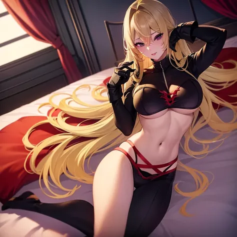 Blonde hair, purple eyes, large breast, black wings, red underwear, red lingerie, sexy, bed