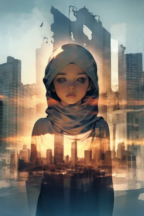 a praying girl, wearing hijab, city in ruins, double exposure