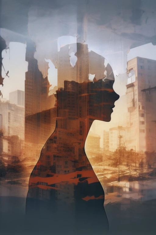 a praying girl, wearing hijab, city in ruins, destroyed city of Gaza, double exposure