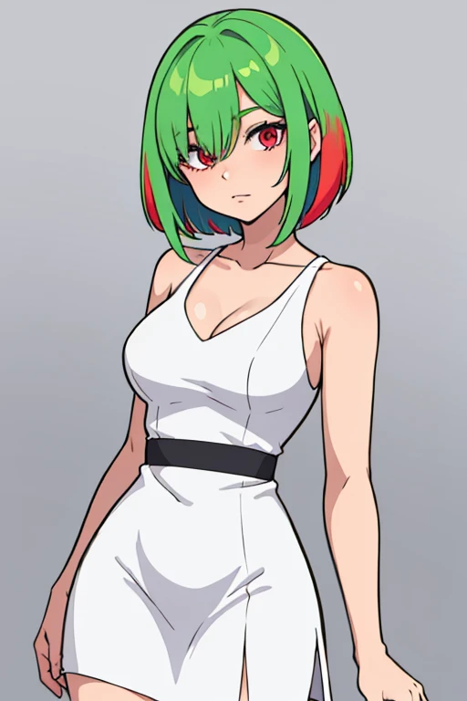 best_quality, 1girl, solo, bangs, colored skin, female focus, green hair, hair over one eye, multicolored skin, red eyes, short hair, white skin, white and green dress