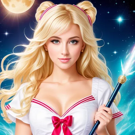 (best quality,8k,1750HD resolution),Mature and realistic depiction:1.2,Sailor Moon confidently wielding the Moon wand,flowing blonde hair,trendy 2000s fashion,beautiful detailed eyes,detailed lips,extremely detailed eyes and face,long eyelashes,vivid color...