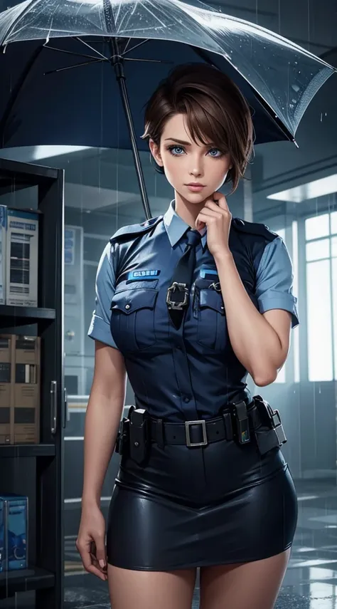 Beautiful Short Pixie Brown Hair Woman Blue Eyes Wearing Police Uniform in Building in the Rain