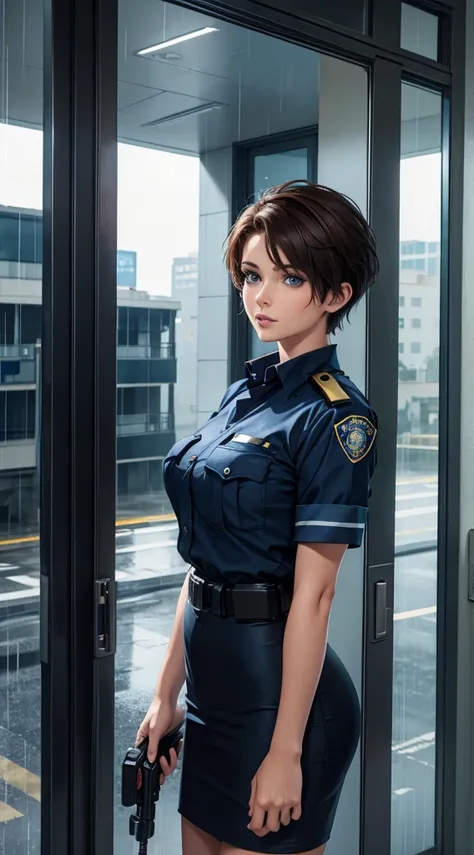 Beautiful Short Pixie Brown Hair Woman Blue Eyes Wearing Police Uniform in Building in the Rain