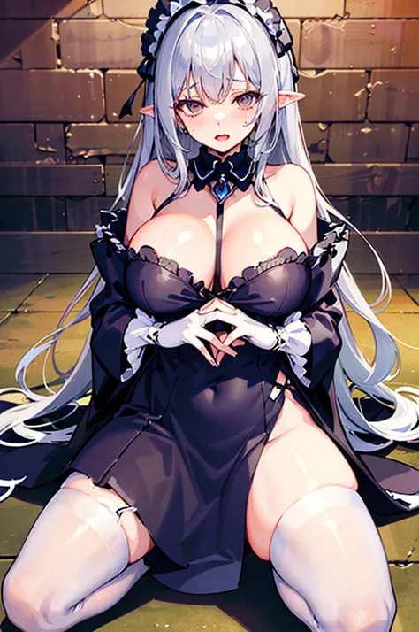 Perfect human body，1 girl， silver princess，(Very detailed dungeon backgrounds), Gorgeous golden lolita dresow knot，semi transparent，(white stockings)，((woman with fever)), ((perspiring,steamy,college aged))), Colossal tits，((The expression of color)), (Blu...