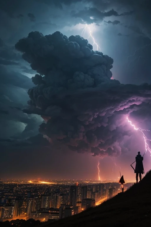 Person on a hill watching a city on fire during a lightning storm as the reaper with his scythe descends from the skies in a chariot.