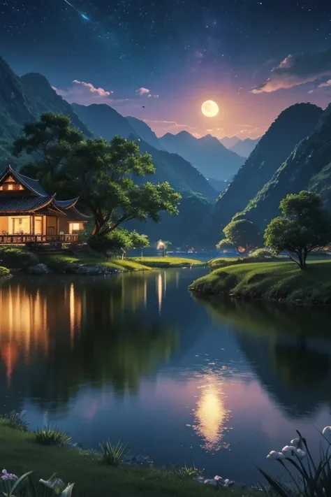 night scene with some house asian, vietnam, viet nam, ha giang, moon, lake in the foreground, calm night, green and blue, digital illustration, 4k highly detailed digital art, night scenery, anime art wallpaper 4k, anime art wallpaper 4 k, 4k detailed digi...