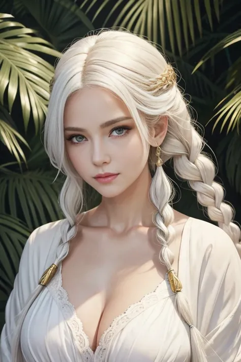 best quality, masterpiece, 1 woman, mature, large breast, white hair, gold eyes,white clothes, looking up, upper body,hair strand,Fair skin,side braids