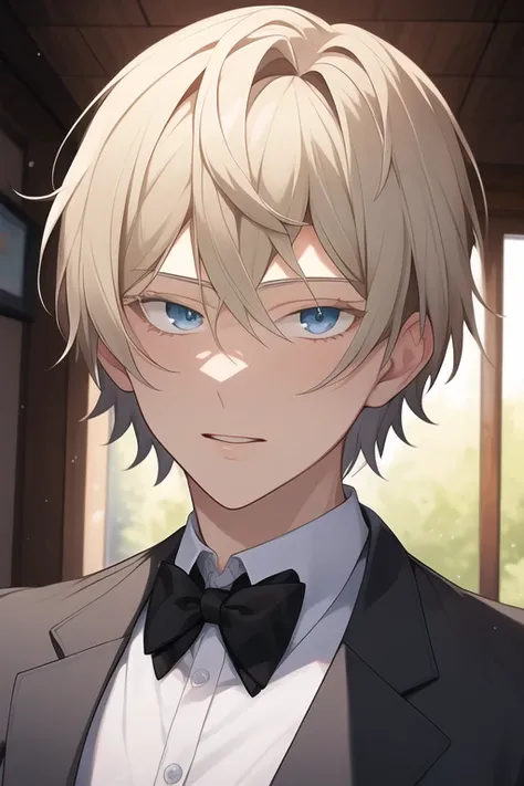 ((best quality)), ((masterpiece)), (detailed), perfect face, 1 man, bluish-grey eyes, light blond hair, short hair, neat hair, black jacket, upper body, indoor, detailed face, high quality, 8K quality, look at the viewer,