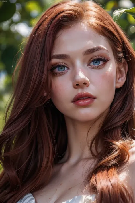 (8k, 4k, best quality, highres, ultra high res:1.1), (masterpiece, realistic, photo-realistic:1.1), 1girl,  face, close-up, red hair, green eyes, red wet lips,  (looking at viewer:2), absurdly long hair, long eyelashes, eyeshadow,  small face, big eyes, se...