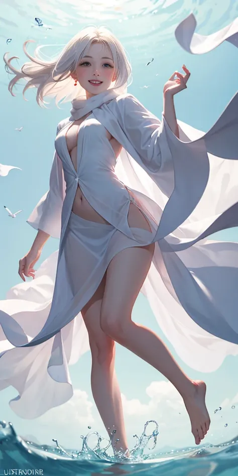 full-body close-up, create an elegant atmosphere), white short skirt, white hair shawl, graceful flowing, elegant movements, lustful smirking smile expression (red blush), floating in the air, (1girl), slim figure)