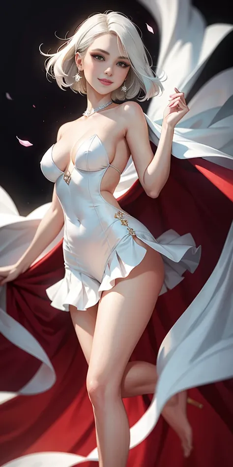 full-body close-up, create an elegant atmosphere), white short skirt, white hair shawl, graceful flowing, elegant movements, lustful smirking smile expression (red blush), floating in the air, (1girl), slim figure)