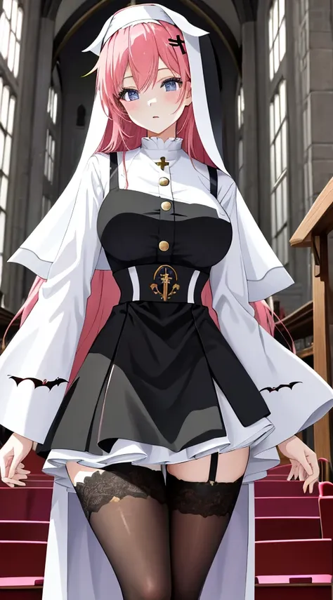 Sexy woman in black and white uniform posing in church, nun outfit, nun fashion model, nun, Japanese cartoon girl , , Inspired by:《legend of saint lucy》, Japan goddess, vampire nun, Japanese cartoon , Popular topics on cgstation, dress like a priest, Beaut...