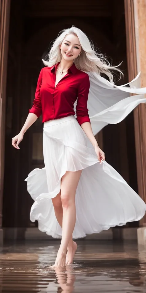 full-body close-up, create an elegant atmosphere), white short skirt, white hair shawl, graceful flowing, elegant movements, lustful smirking smile expression (red blush), floating in the air, (1girl), slim figure)