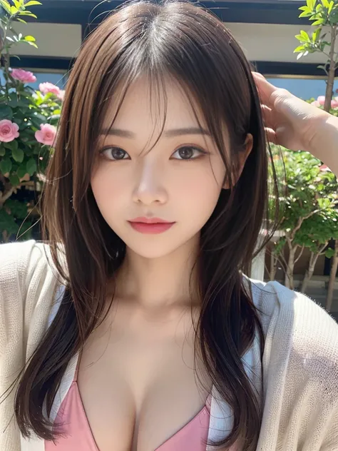 (Realistic, photo-Realistic:1.37), (masutepiece), (Best Quality:1.4), (超A high resolution:1.2),(Raw photo:1.2), 1girl in、femele、Wavy black hair、shorth hair、bluntbangs、green colored eyes、Pink Micro Bikini、Flower bouquet,finely eye and detailed face、8k wallp...