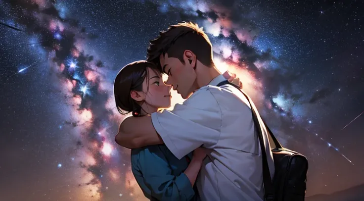 A boy and girl hugging under the Milky Way