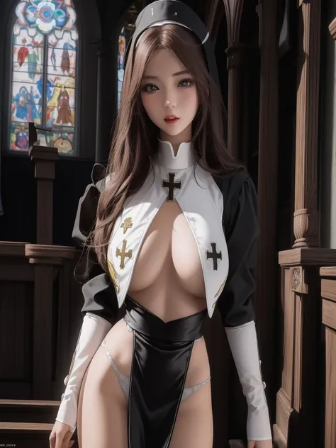 Sexy woman in black and white uniform posing in church, nun outfit, nun fashion model, nun, Japanese cartoon girl , , Inspired by:《legend of saint lucy》, Japan goddess, vampire nun, Japanese cartoon , Popular topics on cgstation, dress like a priest, Beaut...