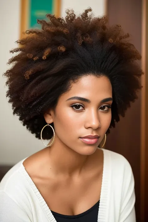 foto de retrato de cantora isa, cabelo afro enorme, mulher bonita, penteado para cima, boate sentada no bar (obra-prima) (melhor...