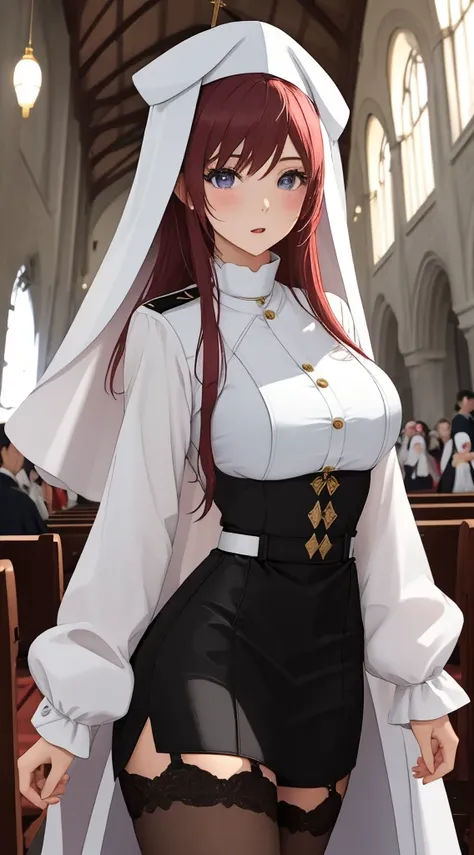 Sexy woman in black and white uniform posing in church, nun outfit, nun fashion model, nun, Japanese cartoon girl , , Inspired by:《legend of saint lucy》, Japan goddess, vampire nun, Japanese cartoon , Popular topics on cgstation, dress like a priest, Beaut...