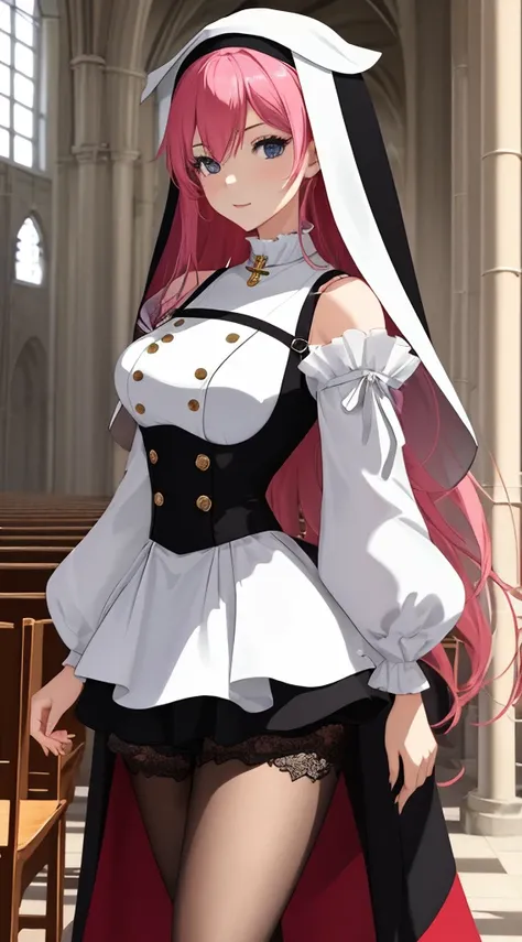 Sexy woman in black and white uniform posing in church, nun outfit, nun fashion model, nun, Japanese cartoon girl , , Inspired by:《legend of saint lucy》, Japan goddess, vampire nun, Japanese cartoon , Popular topics on cgstation, dress like a priest, Beaut...