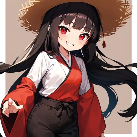 Little anime girl with long black hair and red eyes wearing a red ancient Japanese shirt and long black ancient Japanese pants wearing a brown straw hat, her arms are crossed and she is smiling smugly with her teeth showing and she is holding a Bo staff in...