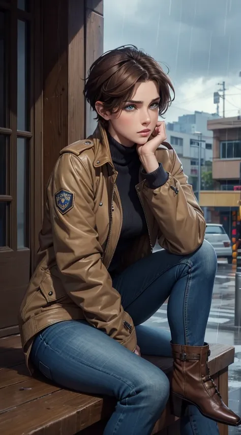 Beautiful short pixie brown hair woman blue eyes wearing brown aviator jacket blue jeans sitting on building under rain sad face crying eyes