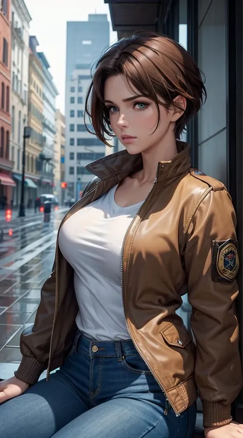 Beautiful short pixie brown hair woman blue eyes athletic body perfect breasts wearing brown aviator jacket blue jeans sitting on building in the rain sad face crying eyes