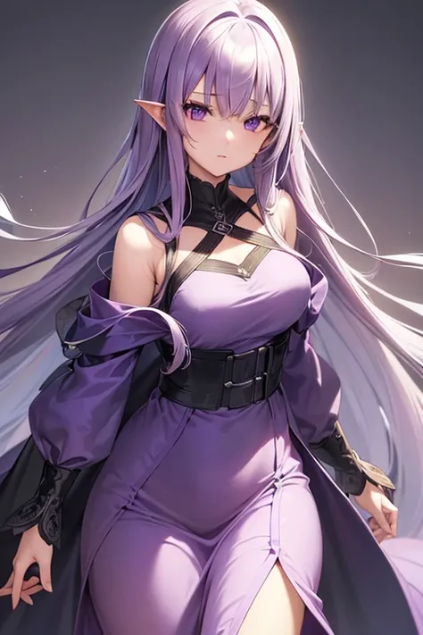 masutepiece, Best Quality, ((teens girl))、((Beautiful detailed eyes))、 (Detailed light)、depth of fields、Light purple hair、Light purple eyes、very long hair、(light purple long dress),(medium breasts)、((Dark blue cloak)),((straight hair))、chain luxury belt