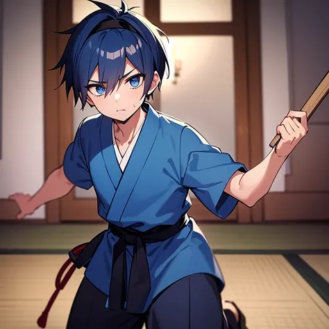 1 Little anime boy with short blue hair and blue eyes wearing a blue ancient Japanese shirt and long blue ancient Japanese pants and wearing a black headband and he is looking serious and he is sweating and he is holding a wooden stick in his right hand in...