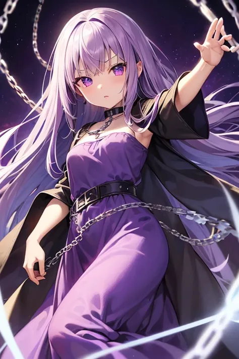 masutepiece, Best Quality, (little girl)、((Beautiful detailed eyes))、 (Detailed light)、depth of fields、Light purple hair、Light purple eyes、very long hair、((light purple long dress)),(medium breasts)、((Dark blue cloak)),((straight hair))、((chain luxury belt...