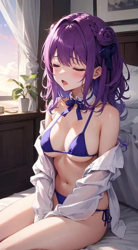 Best quality at best, tmasterpiece, 超高分辨率, 1 girl yawning and sleeping on the bed,, Purple colored hair, , Microbikini, bad times, whitet-shirt