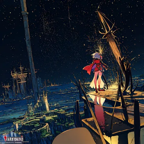 Anime character standing on a rock with an umbrella in front of the city, final fantasy 14 style, Wearing a mages robe filled with stars, final fantasy 1 4 screenshot, lunar themed attire, tranding on pxiv, In front of Fantasy City, FFXIV, FFXIV heavenswar...